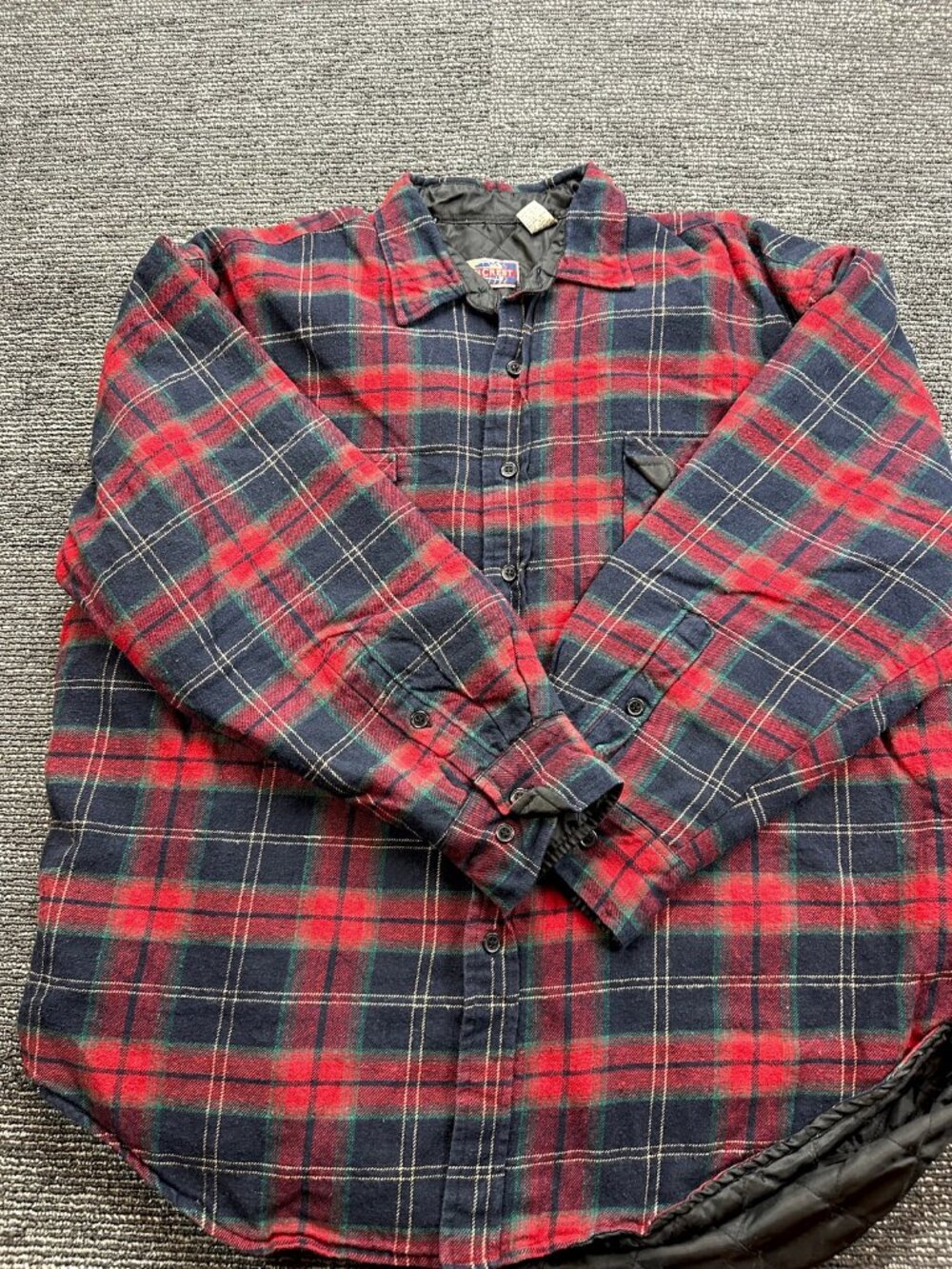 North Crest Mens XL Quilted Lined Flannel Shirt Jacket Plaid Red Navy Vintage